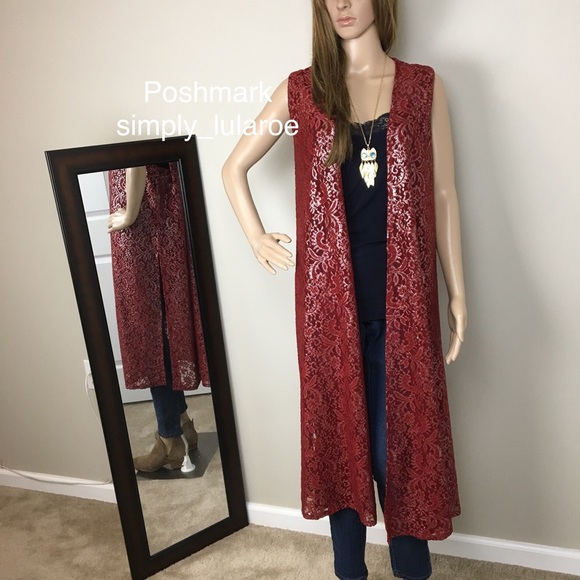 LuLaRoe frosted ruby red lace elegant Joy vest - Picture 4 of 7